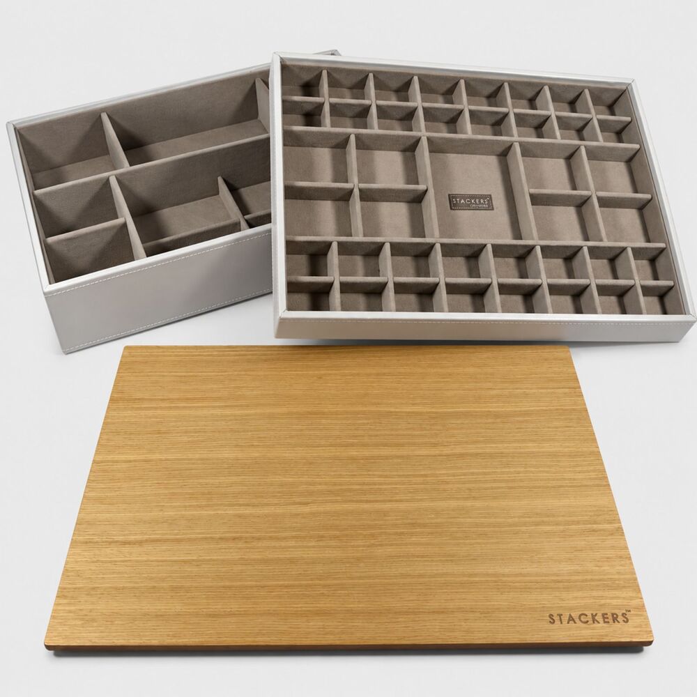 Stackers Supersize Gray Jewelry Box 2 Trays Wood Lid Minimalist Vanity Organizer